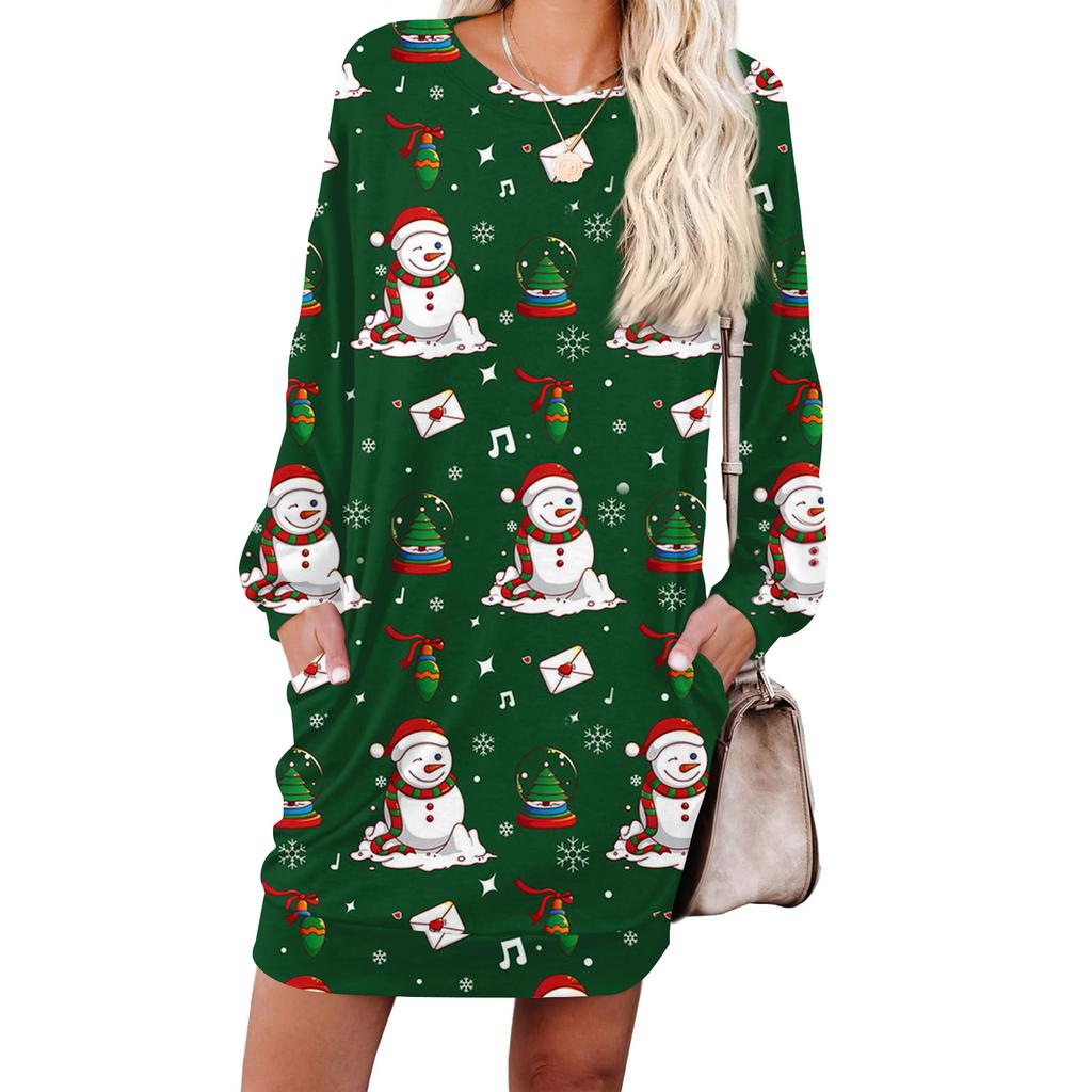 Damska modna sukienka z długim rękawem, z okrągłym dekoltem i kieszenią, w nadruk płatków śniegu