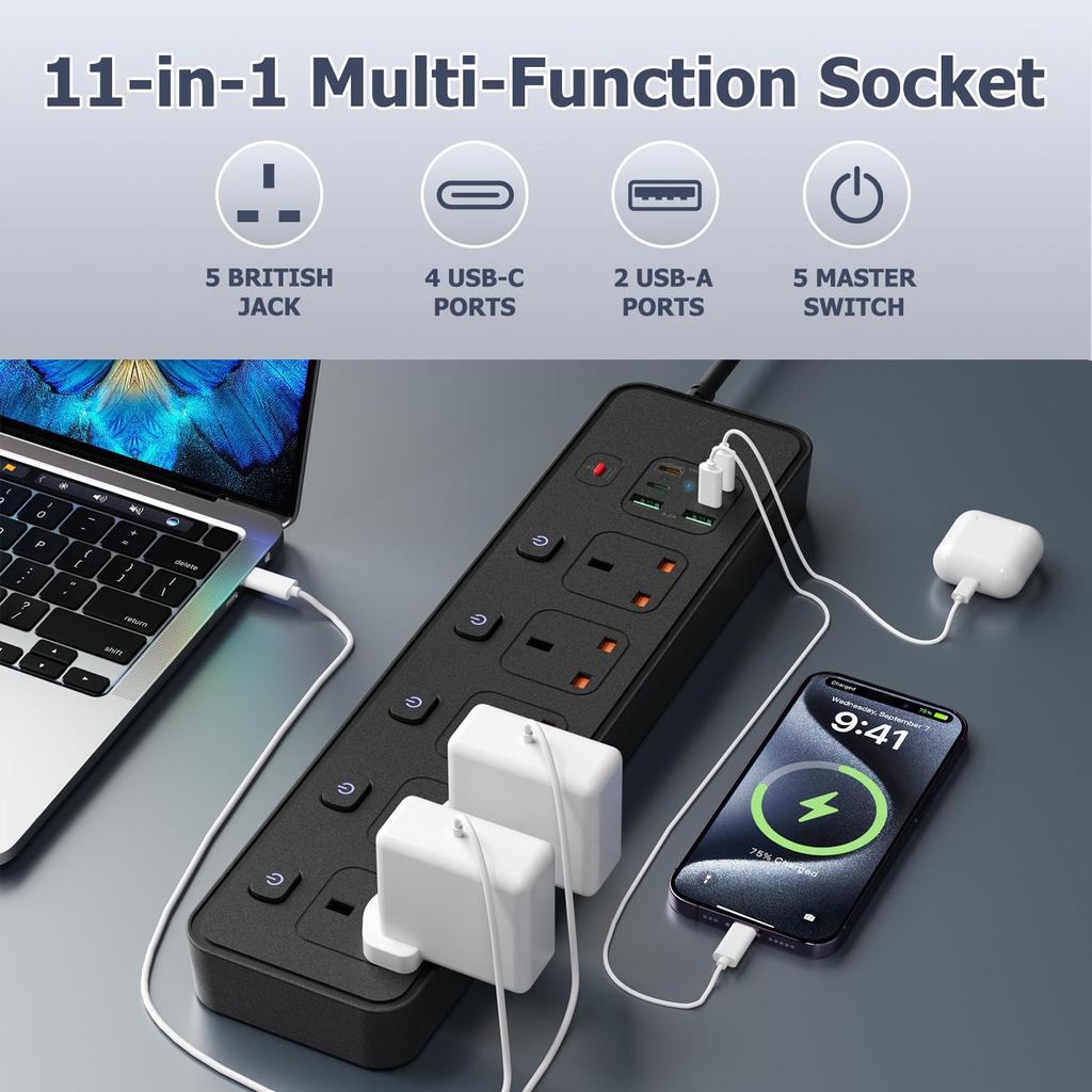 UK Socket Extension Cord with PD30W Fast Charging & Independent Switch Control, 5-Hole Overload Protection