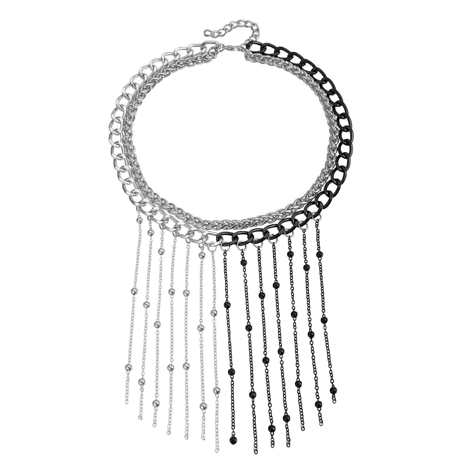 Dark series less ins wind yin and yang splicing bead chain fringed necklace temperament necklace