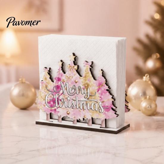 Kitchen Bar Counter Decoration Wooden Christmas Napkin Holder, Gnome/Christmas Tree/Snowman Shape, Pink Solid Wood Dispenser Stable Organizer