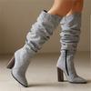 Fashion Women Over The Knee Boots Pointed Toe 10cm Block Heels Knee High Boots Pleated Boots Women Shoes 2025 New Zapatos De Mujer