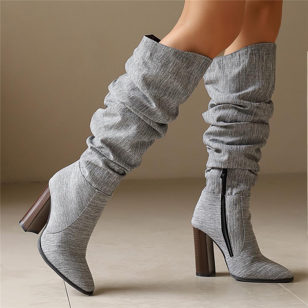 Fashion Women Over The Knee Boots Pointed Toe 10cm Block Heels Knee High Boots Pleated Boots Women Shoes 2025 New Zapatos De Mujer