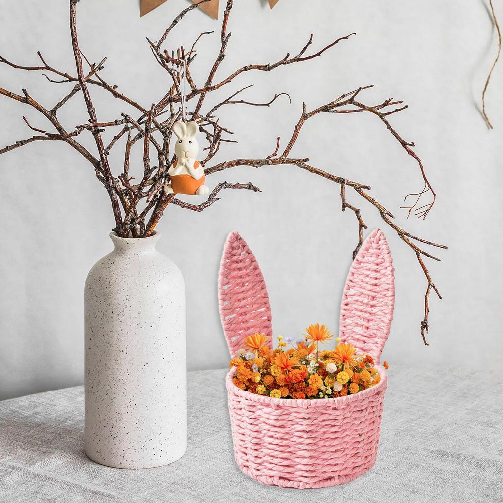 Easter Woven Bunny Ear Basket, Portable Cute Sturdy, Paper Rope Design, Decorative Candy Storage Basket Storage Organizer