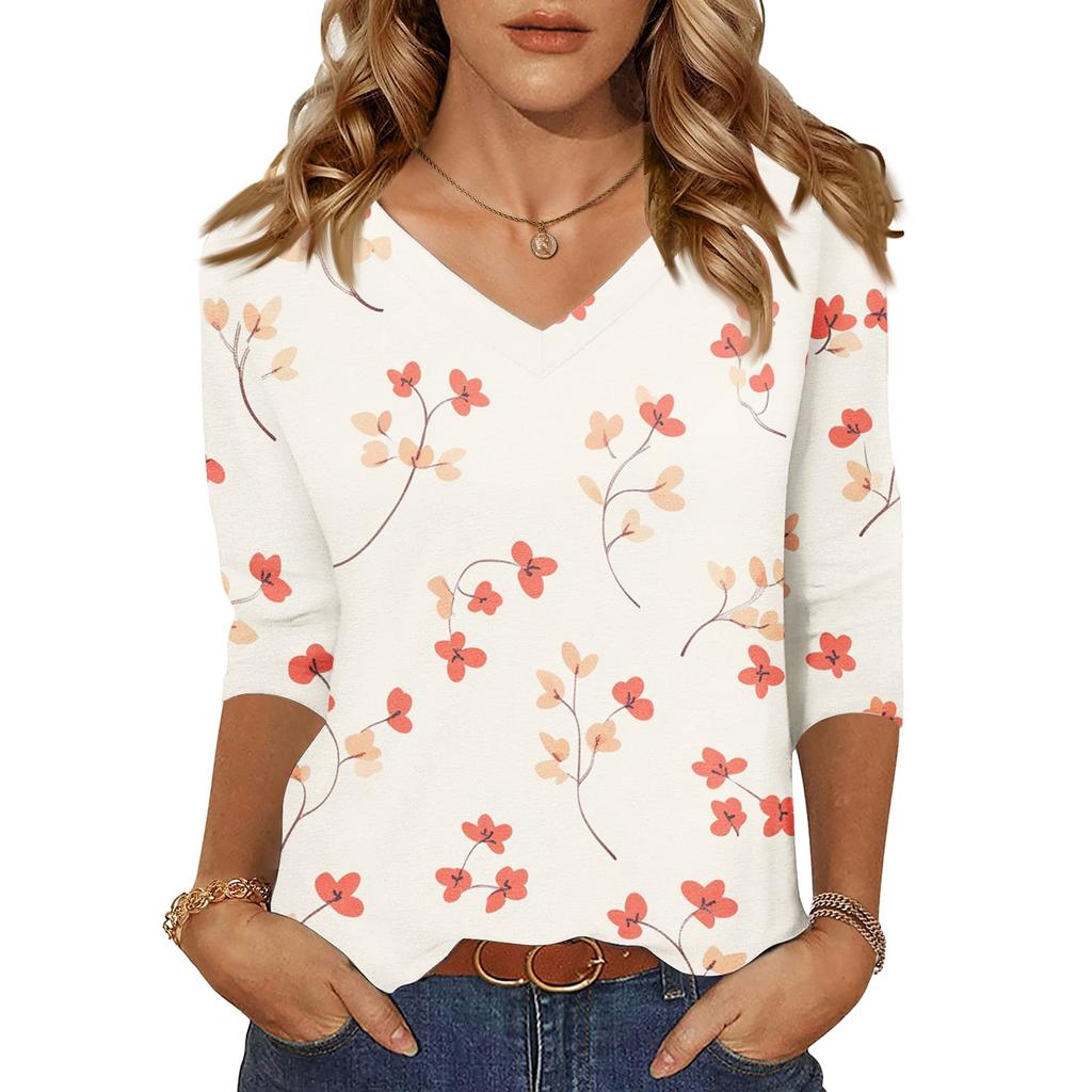 Women's Tops Three-quarter Sleeve Shirt V-neck Loose Casual Shirt Floral Printed T-shirt