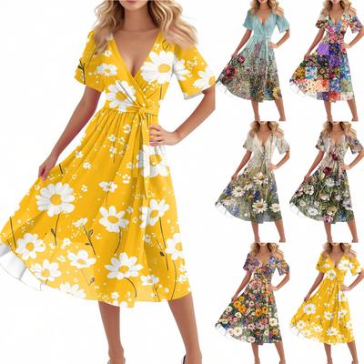 Women's Casual Fashion Flared Skirt V-neck Short-sleeved Floral Print Dress
