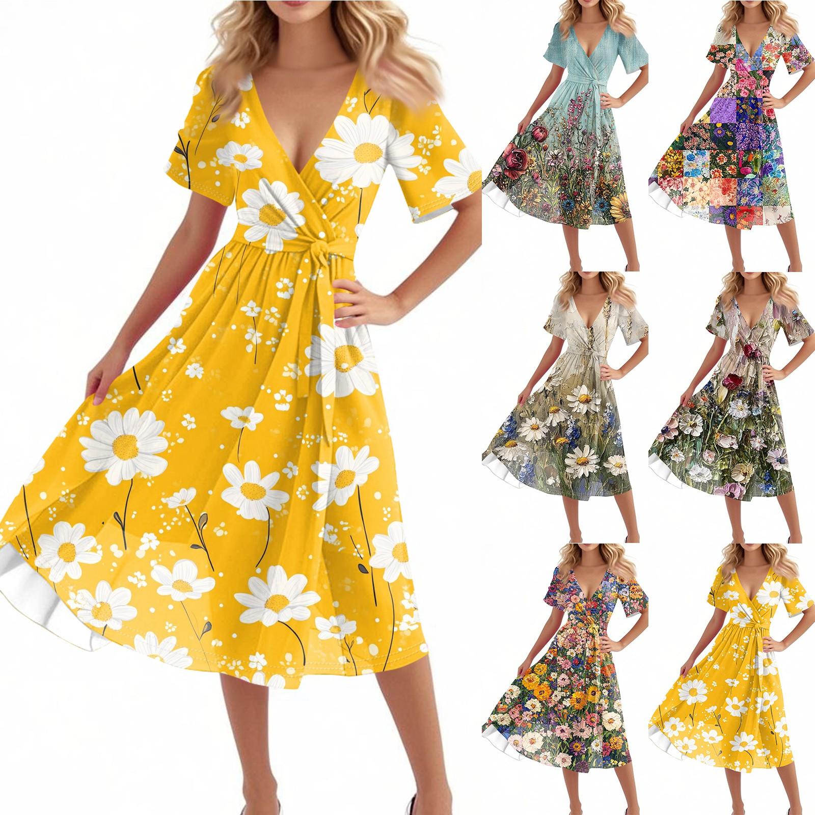 

Women s Casual Fashion Flared Skirt V-neck Short-sleeved Floral Print Dress XL