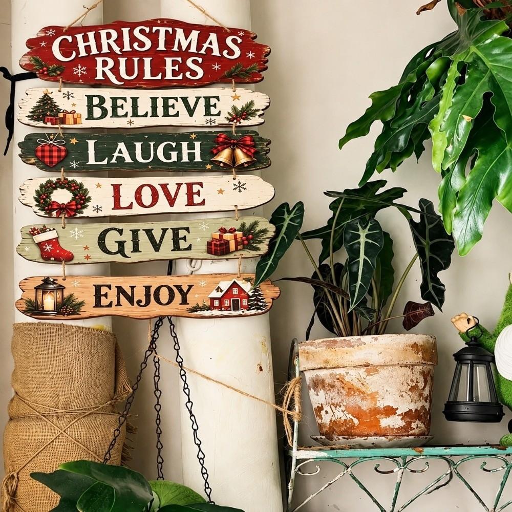 2D Flat 2D Wooden Door Sign Christmas Rules Xmas Hanging Ornament Holiday Gift