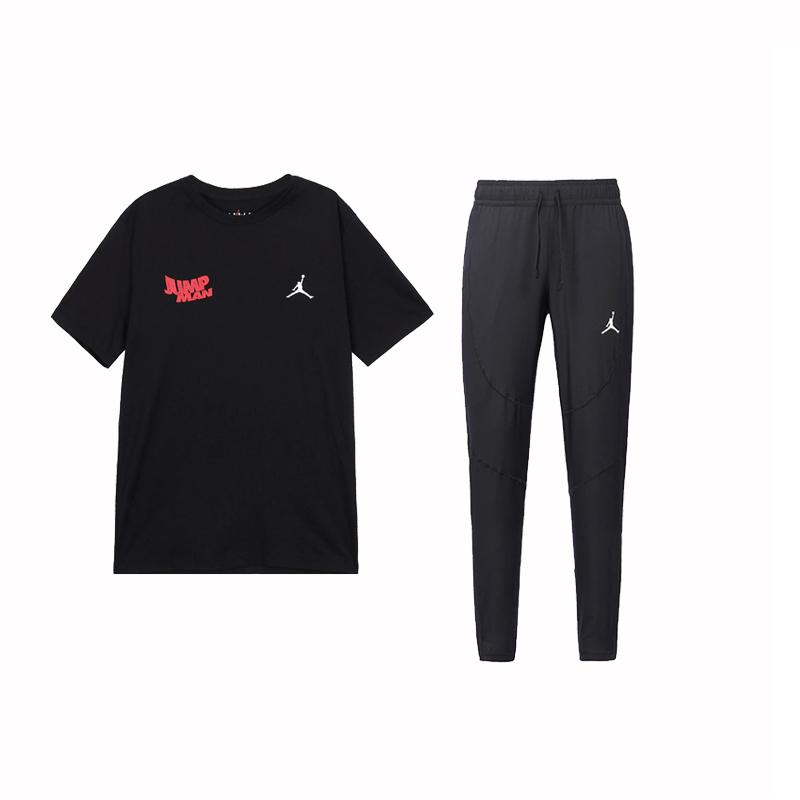 

Jordan Solid Color Letter Print Design Short Sleeve Comfortable Outdoor Mid Belt Waist Long Pants Casual Sports Suit Men suit Black FN6030-010+DH9074-011 M