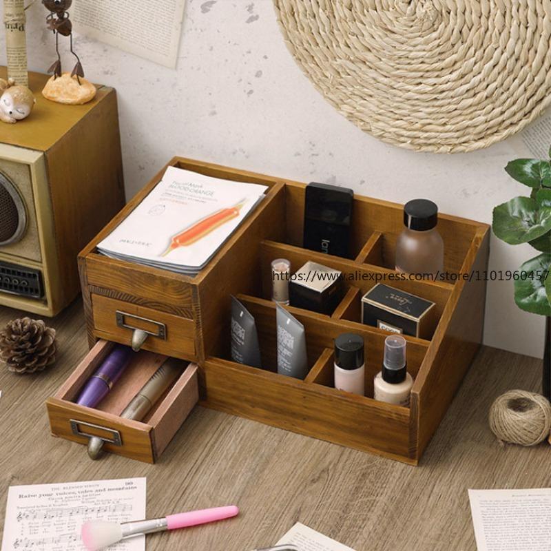 Solid Wood Large Desktop Wooden Cosmetics Storage Box Multi-Functional Desktop Creative Skin Care Product Organization Box