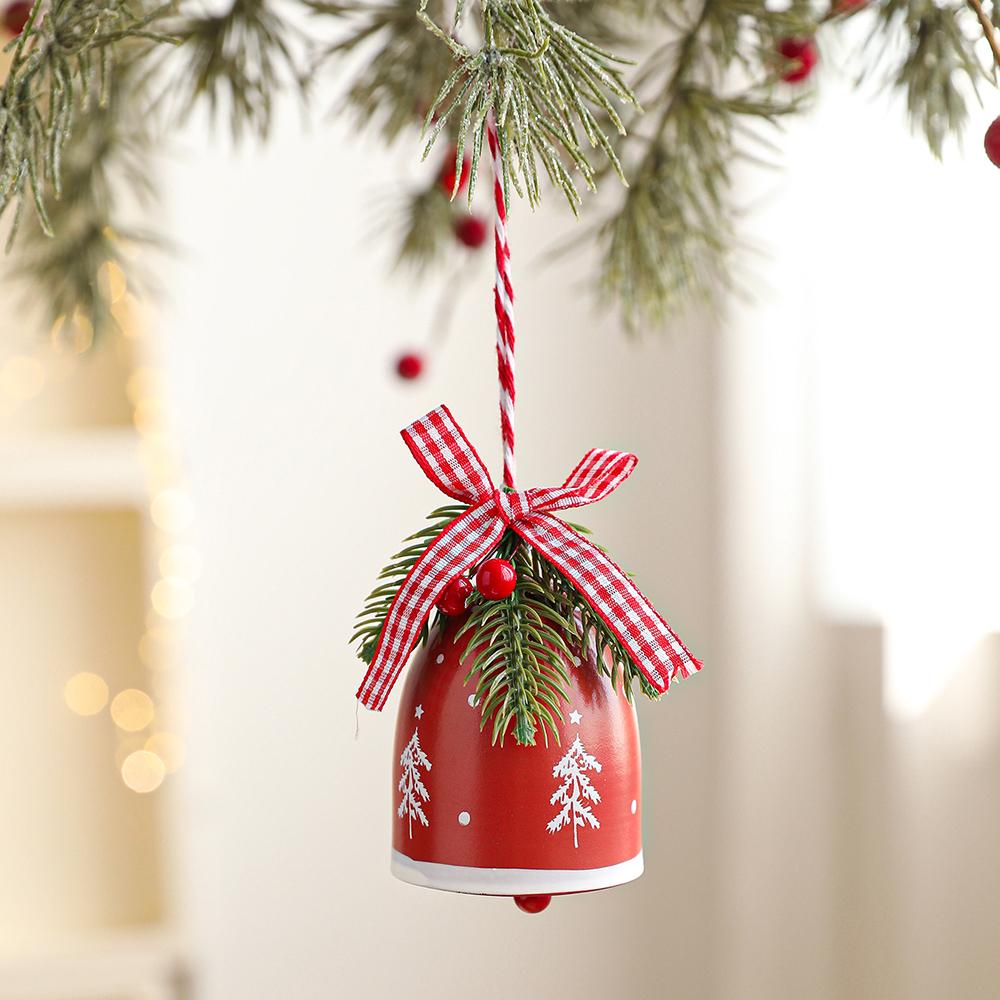 Rustic Christmas Bell Ornaments with Artificial Pine And Red Berries Vintage Metal Jingle Bells Hanging Decoration for Tree
