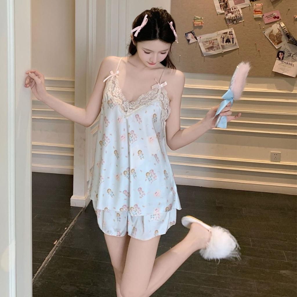 Women's summer ice silk pajamas pure desire suspender shorts loungewear printed pajamas set lace girl pink and sweet
