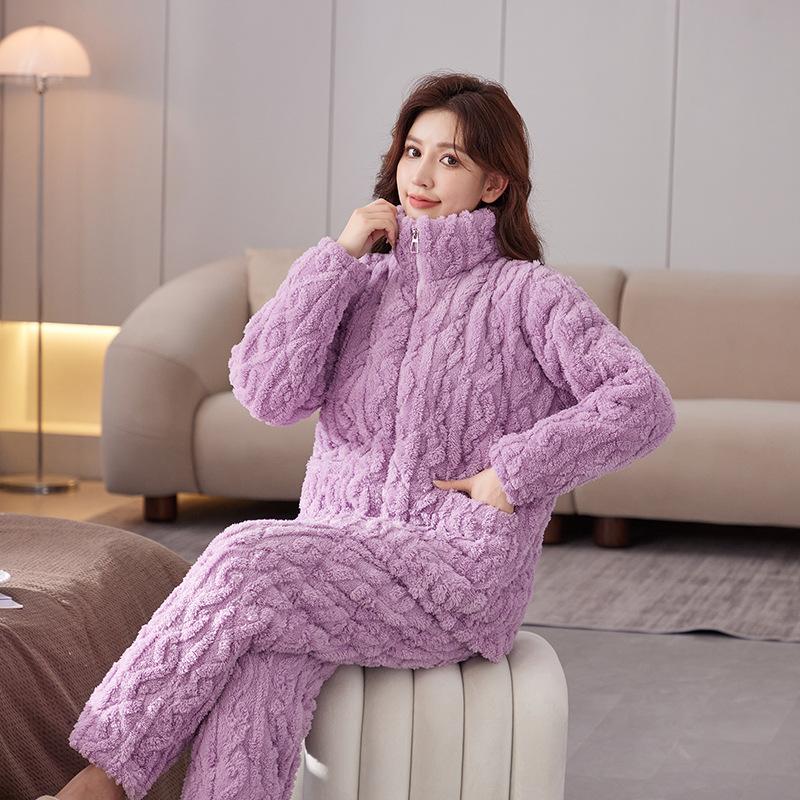 Pajamas Women's Winter Three-layer Thickened Padded Jacket Coral Fleece Lapel Super Warm Can Be Worn Outside Loungewear