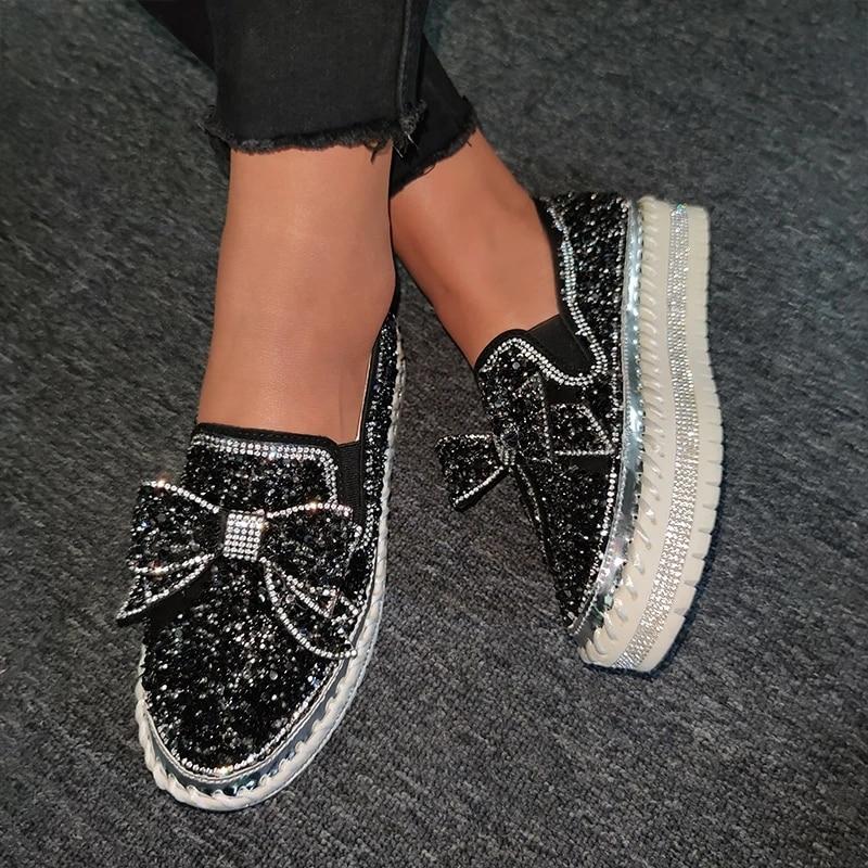 Pink Women Shining Rhinestone Loafers Bowknot Slip -On Thick Botton Casual Ladies Crystal Shoes Female Platform Shoes