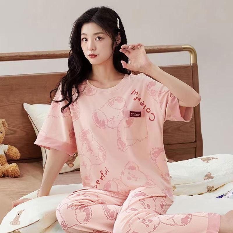Summer Pure Cotton Pajamas Women's Pullover Sweet Casual Short-sleeved Cropped Pants Can Be Worn Outside Loungewear Student Dormitory Set