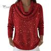 Stretchy Casual Shirt Women Tops Swing Collar Long Sleeve Shiny Rhinestones Pullover Loose Fit Solid Color Flash Design Blouse Daily Wear Soft