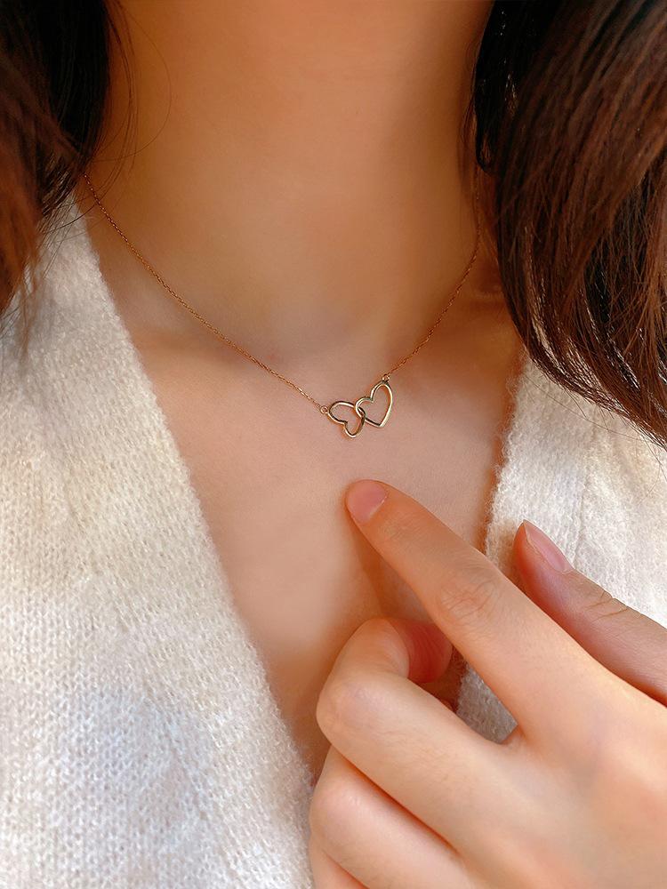 Gold-Plated S925 Sterling Silver Double Interlocking Hearts Pendant Necklace for Women - Elegant Clavicle Chain Gold 45cm Adjustable