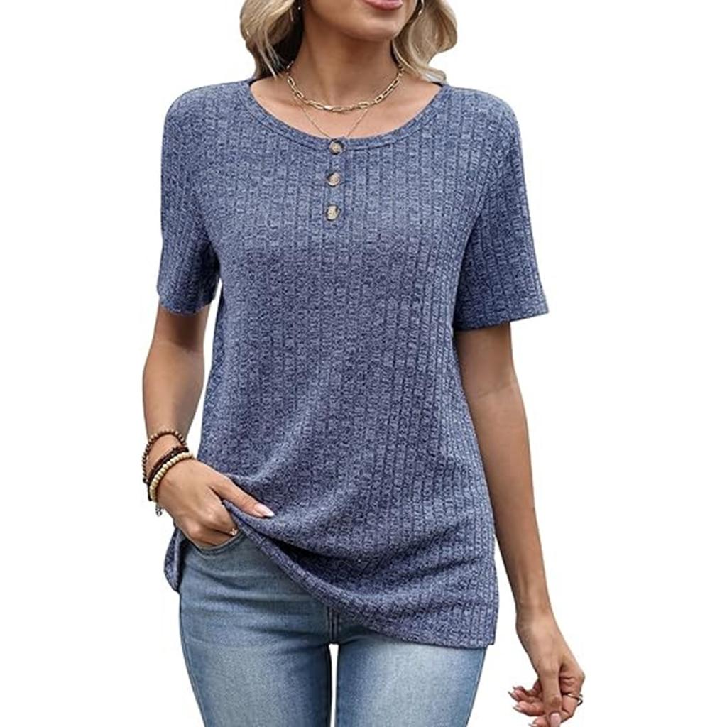 Women's Fashionable Casual Color Round Neck Short,sleeved Loose Top