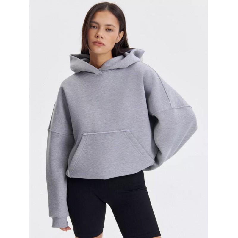 Womens Solid Color Hooded Sweatshirt Loose Fit Fleece Pullover Teens Casual Wear