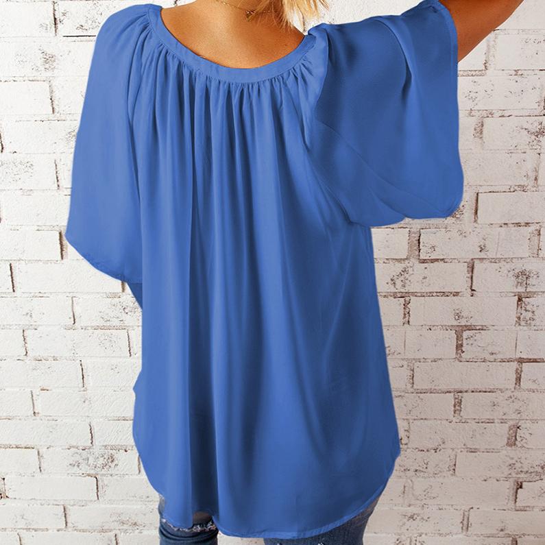 Summer Women Fashion Solid Color Chiffon T-shirt Loose Folds Casual Top