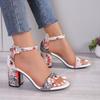 Fashion Summer New Chunky Sandals Women's Round Head Open Toe Printed Metal Buckle with A Line with Non-slip High Heels