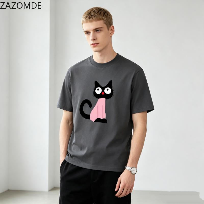 ZAZOMDE Harajuku Kawaii Cartoon Cat Print Tshirt Couple Matching Short Sleeve Breathable Cotton Loose Streetwear Tops Unisex Unisex