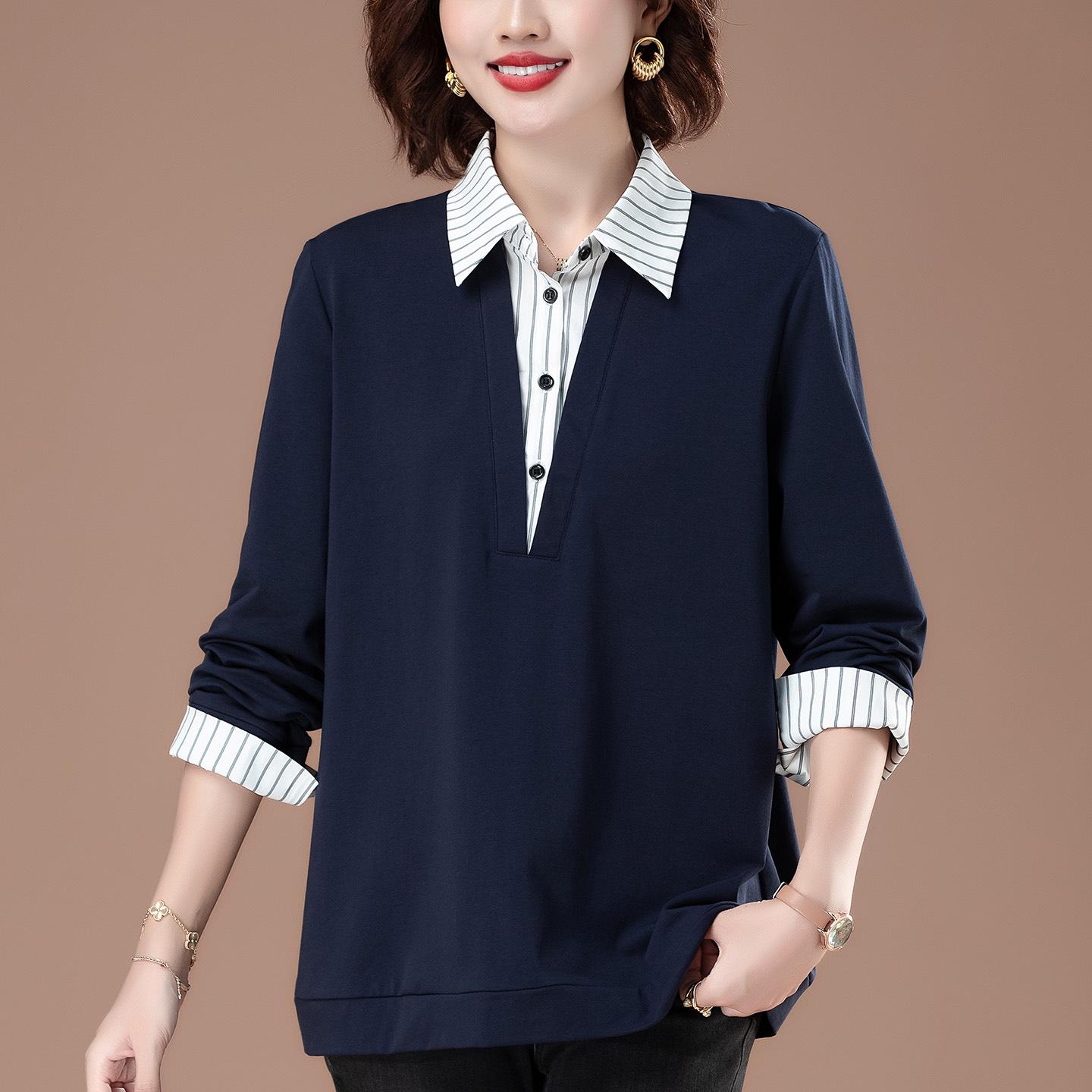 

Хлопковое поло большого размера - Раннеосеннее с длинным рукавом и отложным воротником для женщин среднего возраста 4XL (165-180 jin) темно-синий