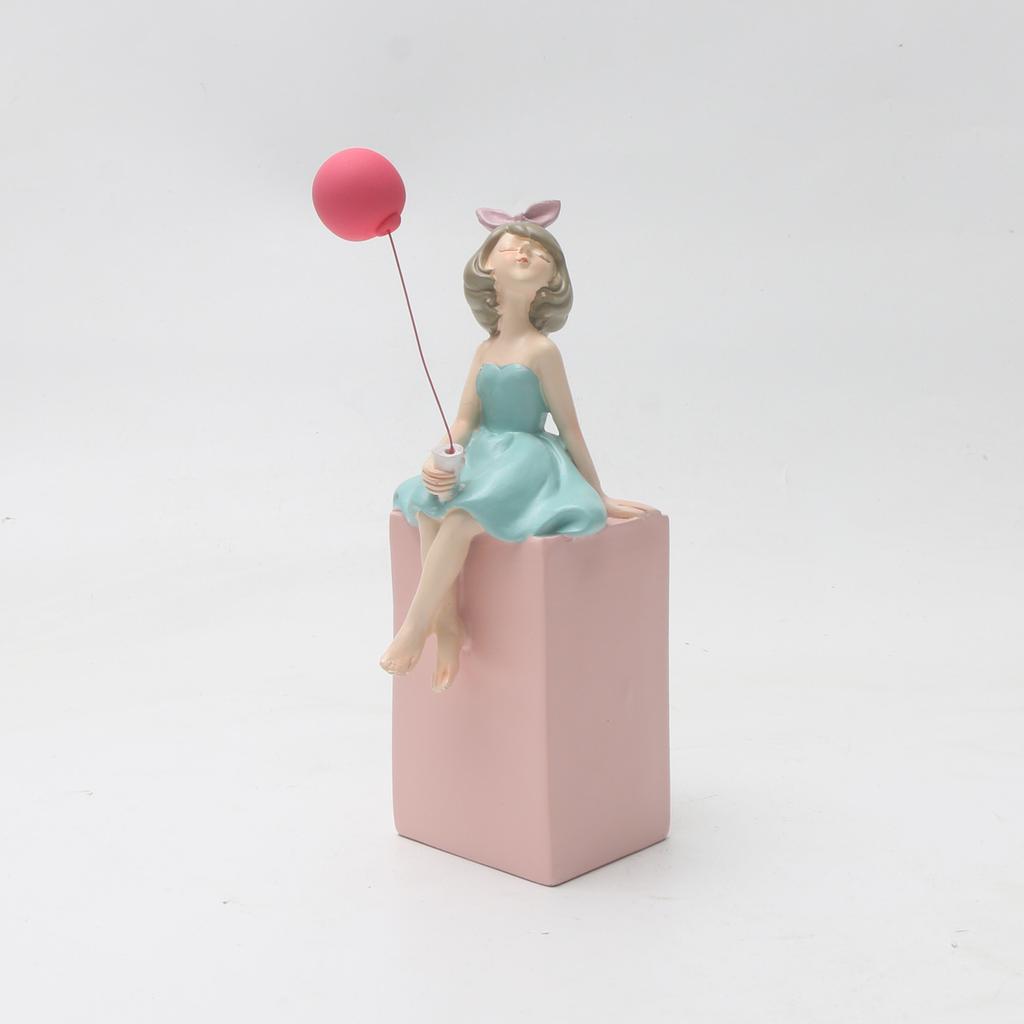 1pc Whimsical Cartoon Girl with Balloon Resin Figurine - INS Style Home Decor Accent, Light Blue Dress, Pink Base, Ideal for Var