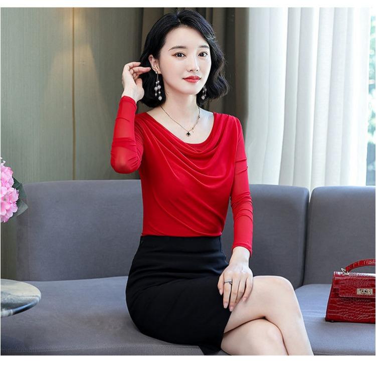 Fashion Women Spring Autumn Thin Mesh Blouse Stacked Neck Slim Fit Long Sleeve Base Layer T Shirt