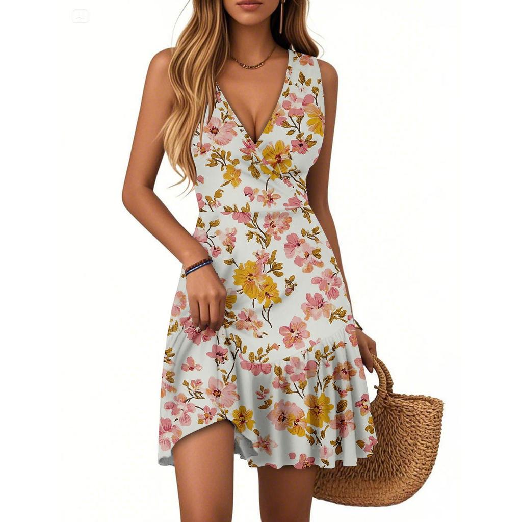 Women's Summer Dress V Neck Sleeveless Casual Floral Print Hem Pleated Dress