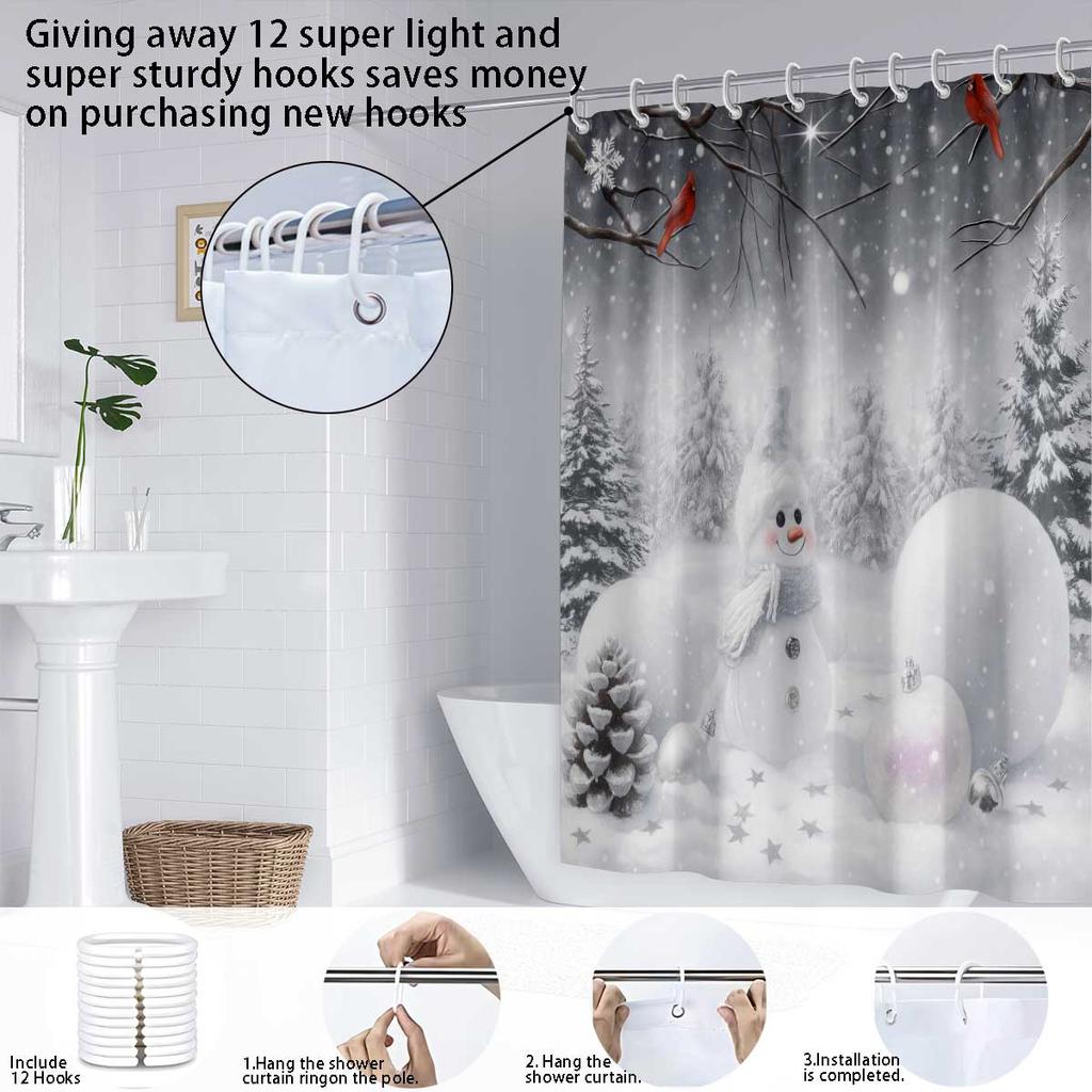 1 Pc Christmas White Snowman Shower Curtain Waterproof Shower Partition Curtain with 12 Hooks Multiple Sizes Machine Washable