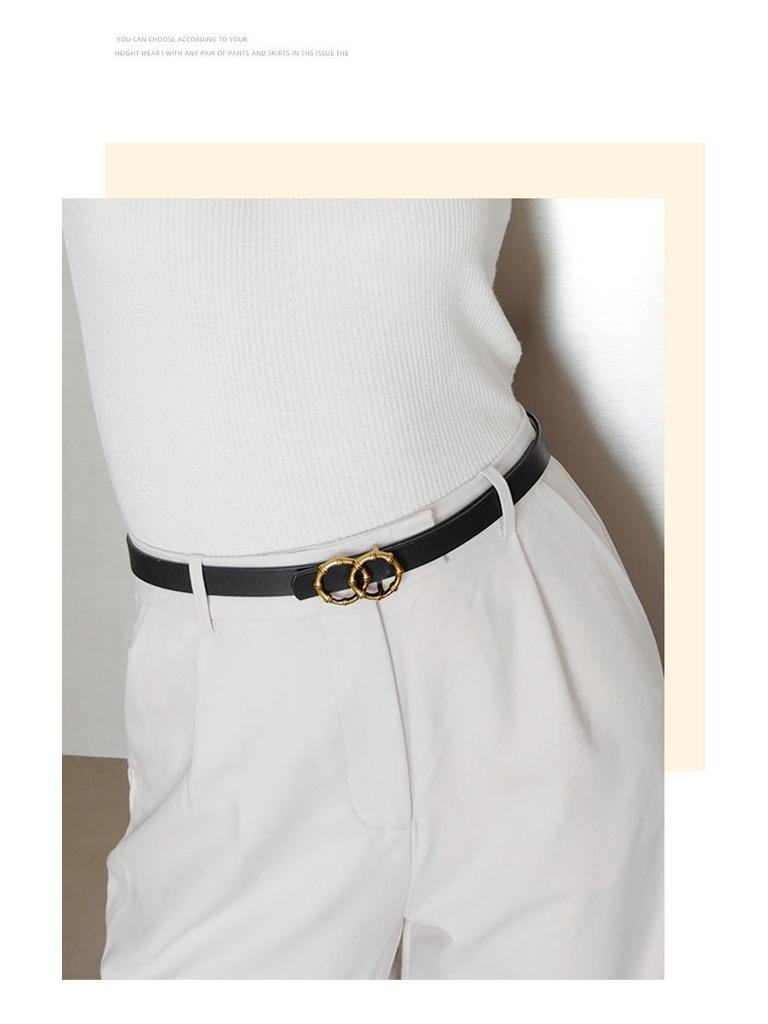 Women's Black Slimming Genuine Leather Belt with Bamboo Buckle