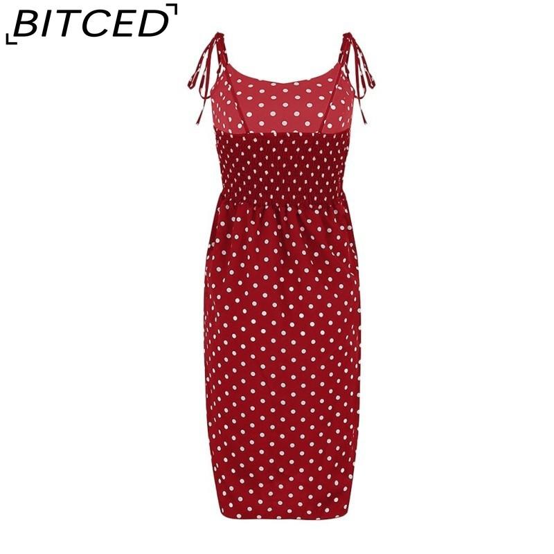 BITCED Kleider Sommerkleid Sommer Damen Lässig Ärmellos Gepunktet Strandkleid Hohe Taille Plissiert V-Ausschnitt Vestidos De Verano