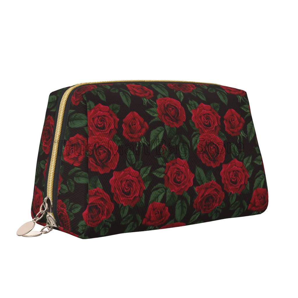 Pink Red Rose Print Large Travel Makeup Bag Pouch Cosmetic Bags Leather Waterproof Toiletry Bag for Women Valentine's Day Gifts