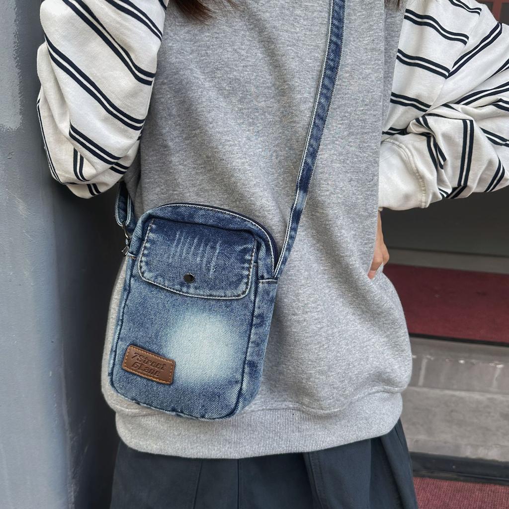 Simple Denim Small Square Bag Versatile Casual Shoulder Bag College Student Class Crossbody Commuting Foreign Style Mobile Phone Bag