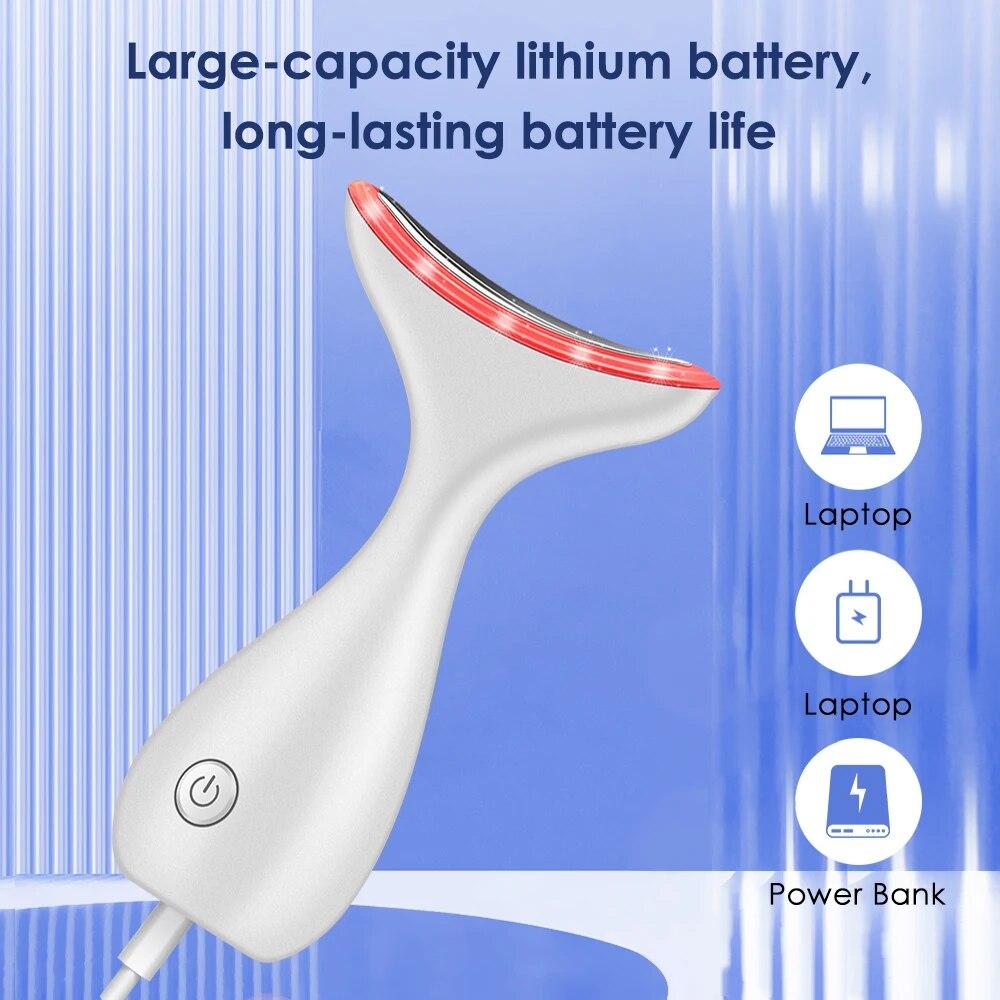 Neck Face Beauty Device 3 Colors Led Photon Facial Massager Firming Rejuvenation Anti Wrinkle Ultrasonic Vibration Lifting