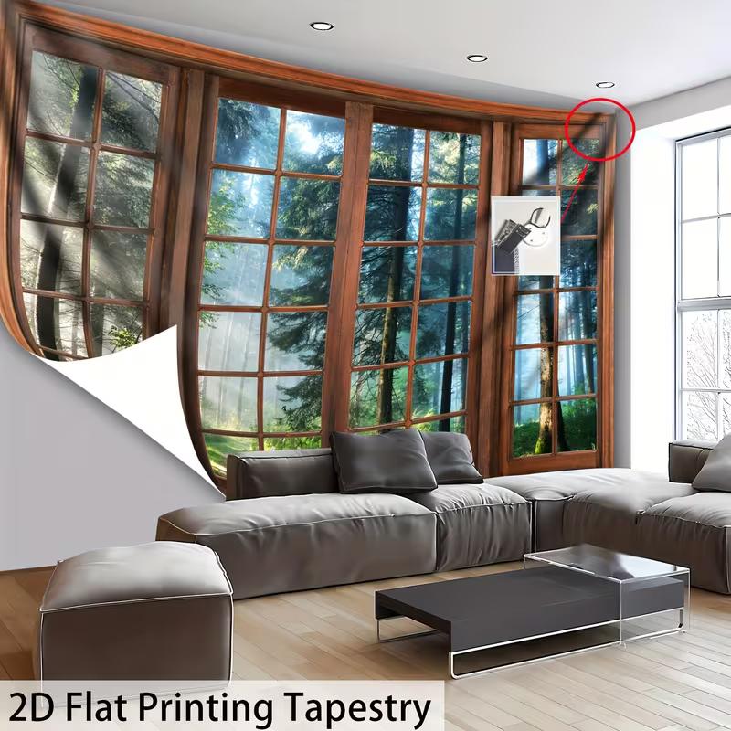 2D Window View Forest Tapestry, Nature Pine Tree Wall Hanging for Room Deco 47.2x31.5inch/120*80cm