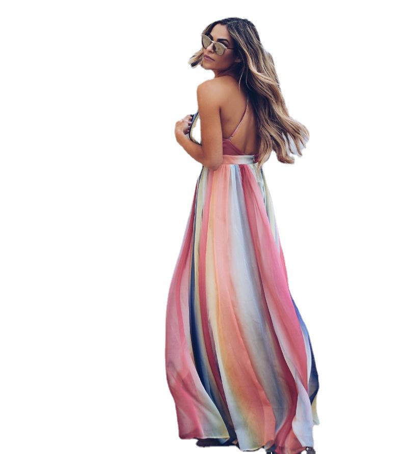 2025 Chiffon Digital Print Rainbow Gradient Maxi Swing Dress