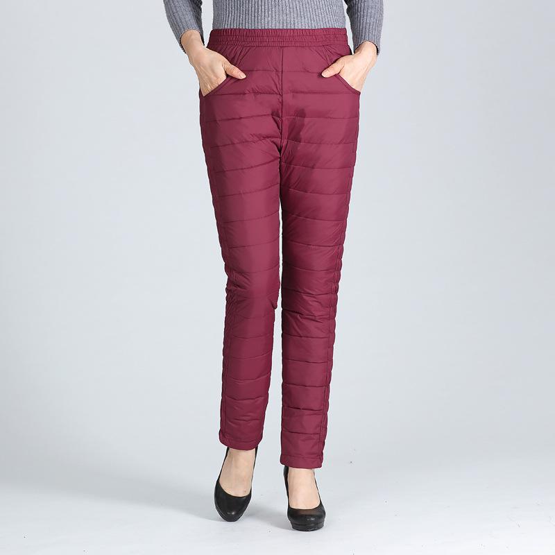 

Женские зимние пуховые брюки с высокой талией, утолщенные и облегающие, подходят для людей среднего и пожилого возраста, теплые и удобные. 5XL вино красного