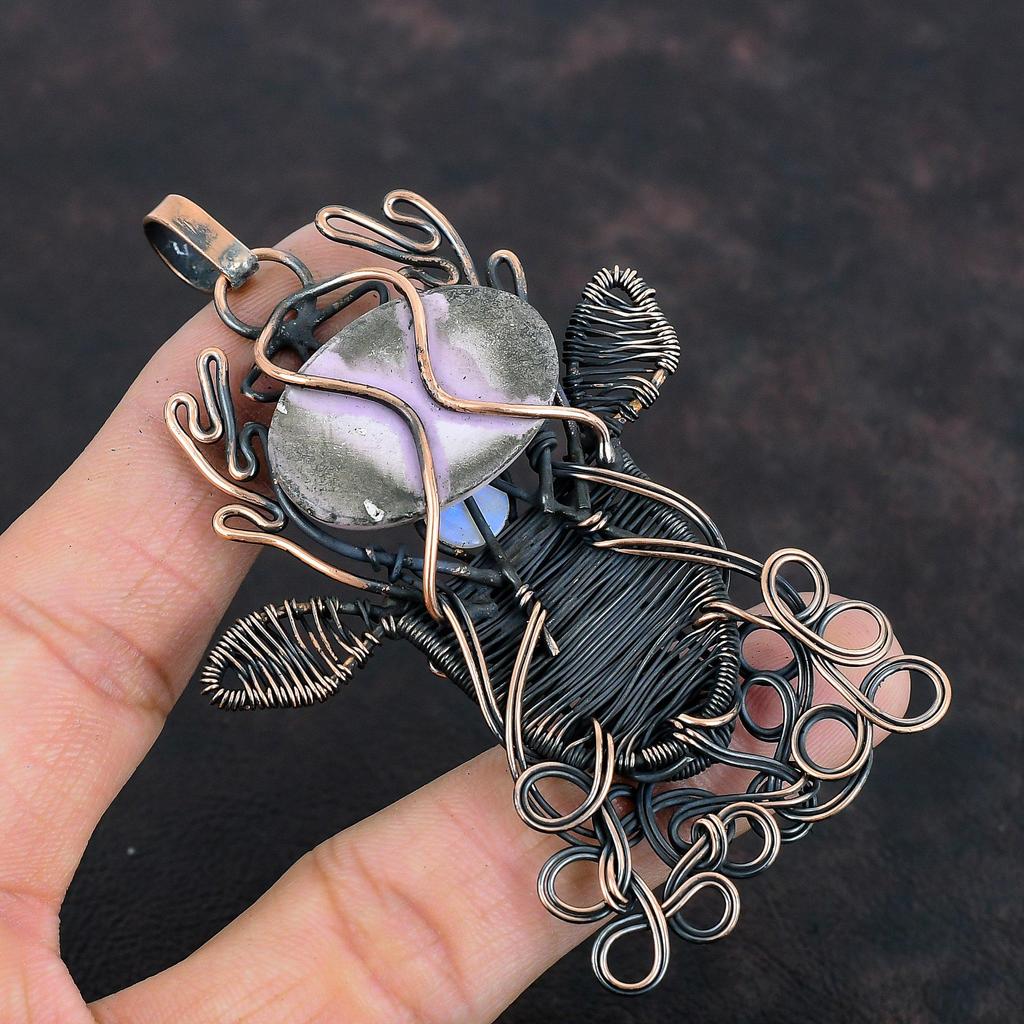 Phosphosiderite Pendant Copper Wire Wrapped Pendant Deer Face Pendant Rainbow Moonstone Pendant Handmade Gemstone Jewelry Anniversary Gifts