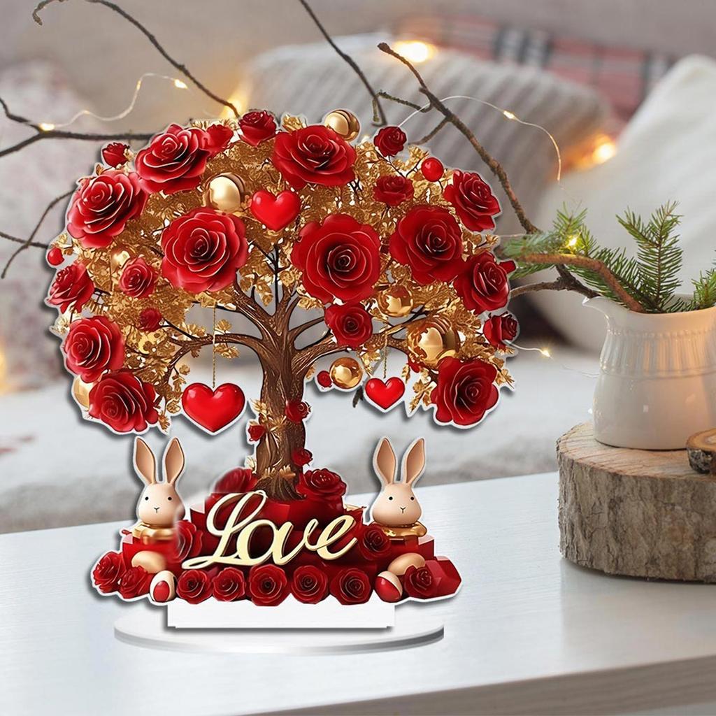 Valentine'S Day Flat Sign Table Decor 2d Acrylic Rose Tree With Heart Valentines Decorations For Home Decor Hot Ornaments