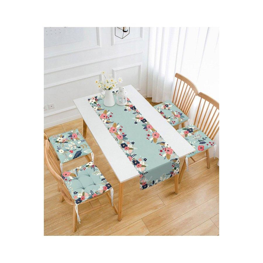 Conjunto de almofadas de cadeira impressas digitalmente com design de padrão de flor / 4 peças de almofadas de cadeira quadradas de 40 × 40 cm e corredor de 1 peça