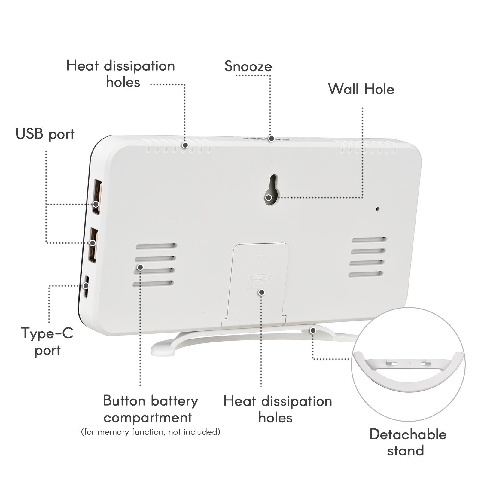 

Vibrating Alarm Clock Digital Mirror Alarm Clock with Large Clear Screen Adjustable Brightness Dual USB Ports Snooze белый