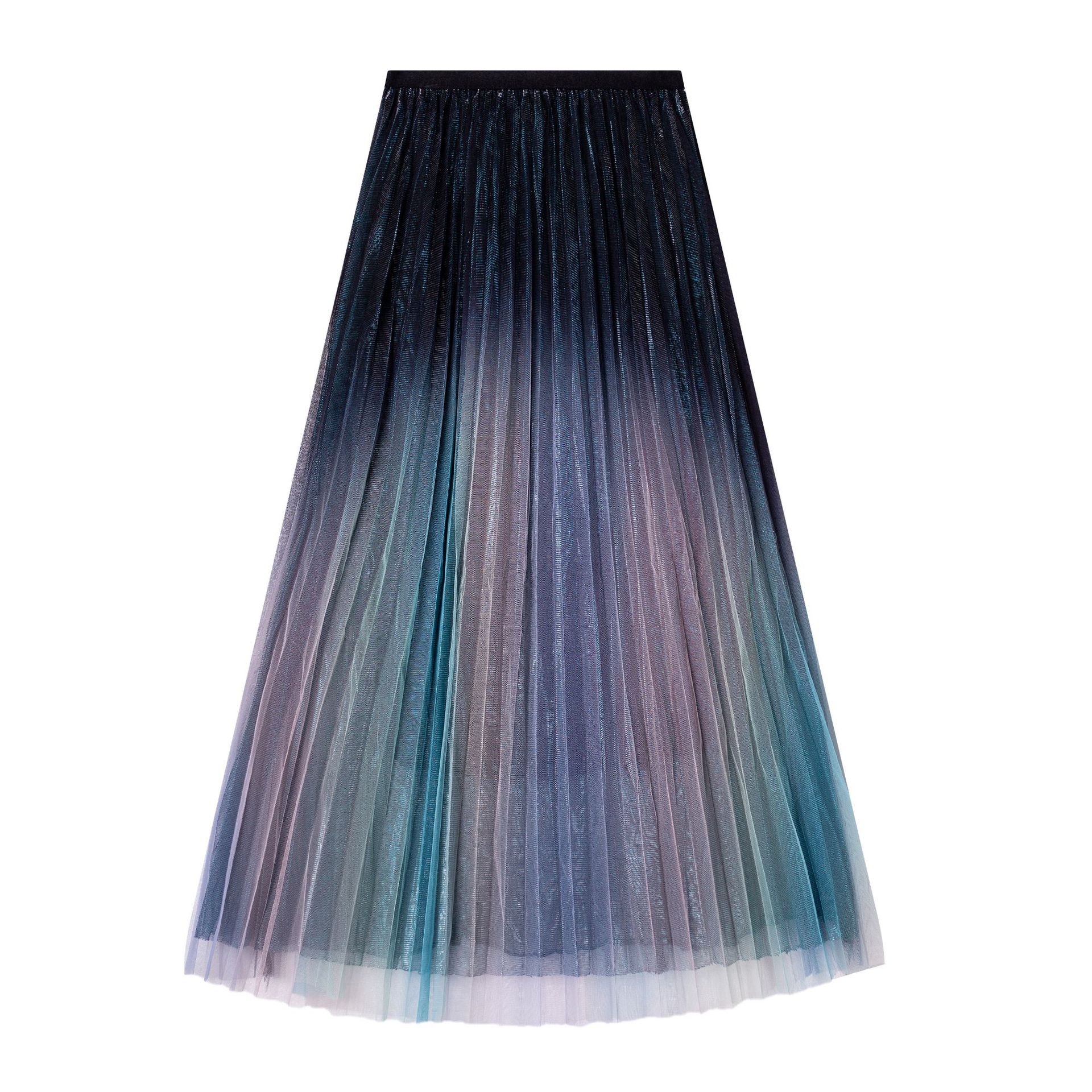 

Юбка из яркого шелка с постепенным изменением цвета, высокая талия, тонкая цветная газовая юбка, плиссированная юбка, средняя и длинная юбка, сетчатая юбка, длинная юбка для женщин One size