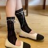 Womens Girls Summer See Through Striped Lace Leg Warmer Cute Ribbon Bowknot Lightweight Leg Cover Long Socks Stockings