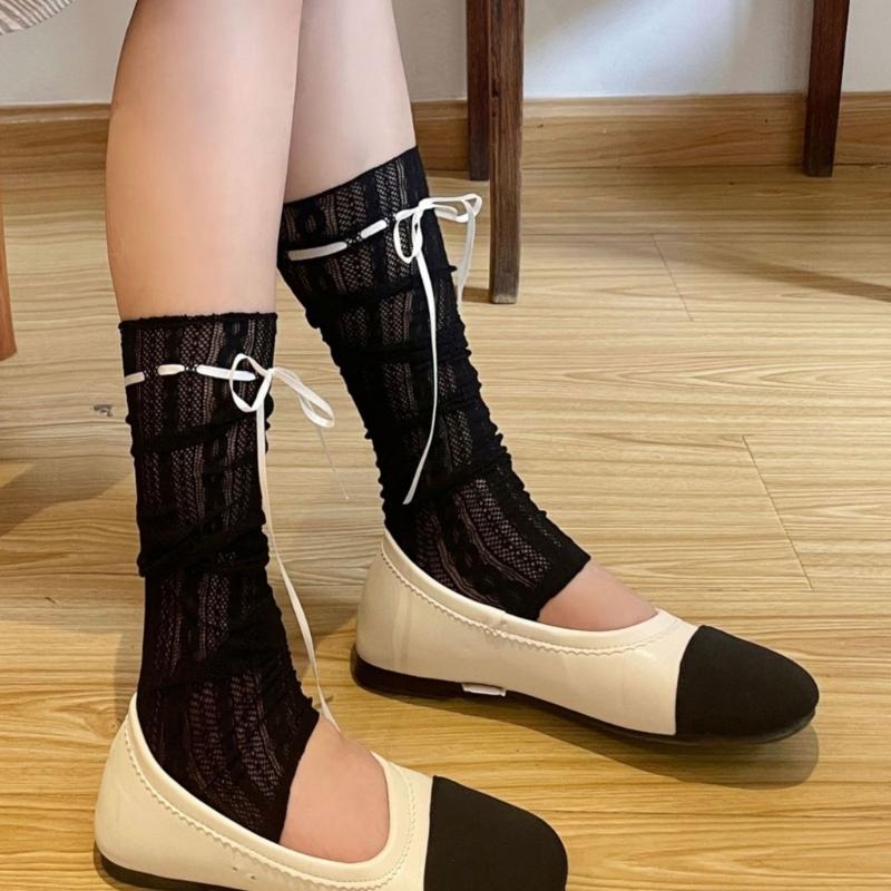 Womens Girls Summer See Through Striped Lace Leg Warmer Cute Ribbon Bowknot Lightweight Leg Cover Long Socks Stockings