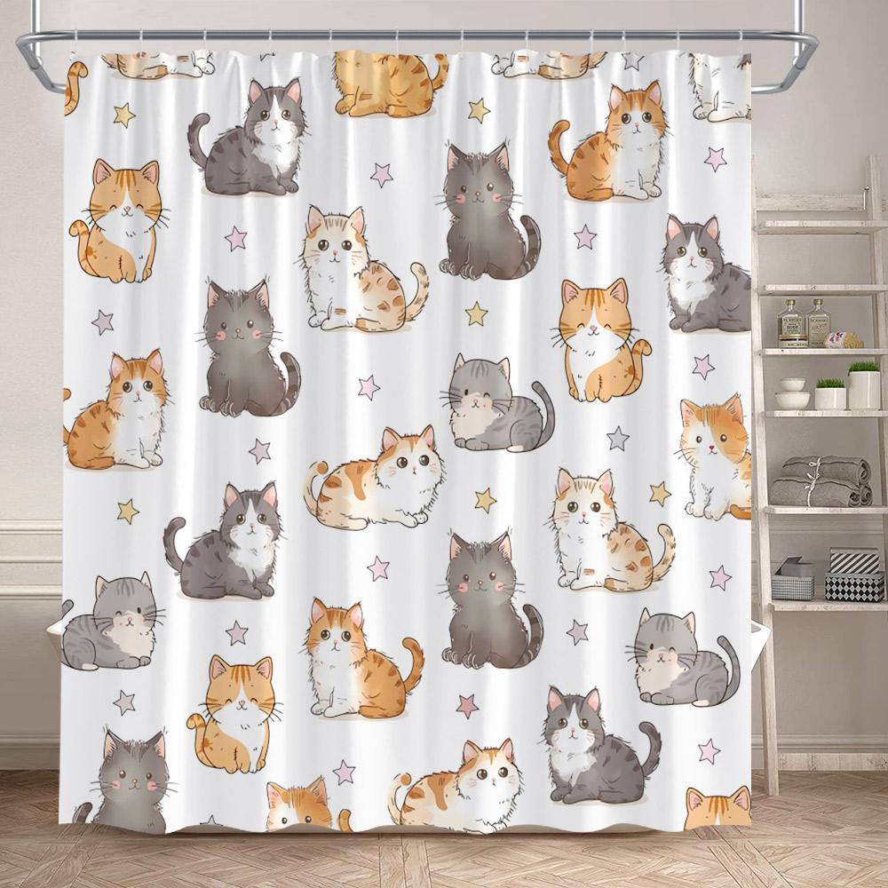 Funny Cats Shower Curtains Cute Cartoon Animal Pet Floral Bath Curtain Set Polyester Fabric Black Bathroom Decoration with Hooks