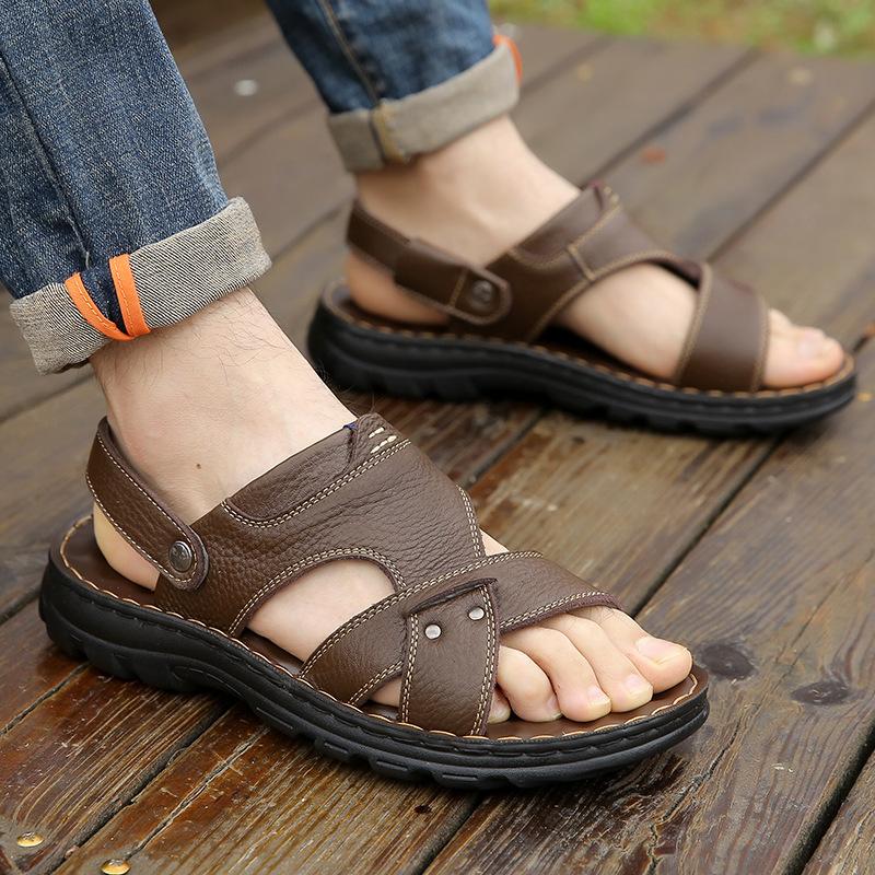 Men's sandals 2024 summer leather soft-soled casual beach shoes middle-aged and elderly non-slip dual-purpose extra large size cool slippers
