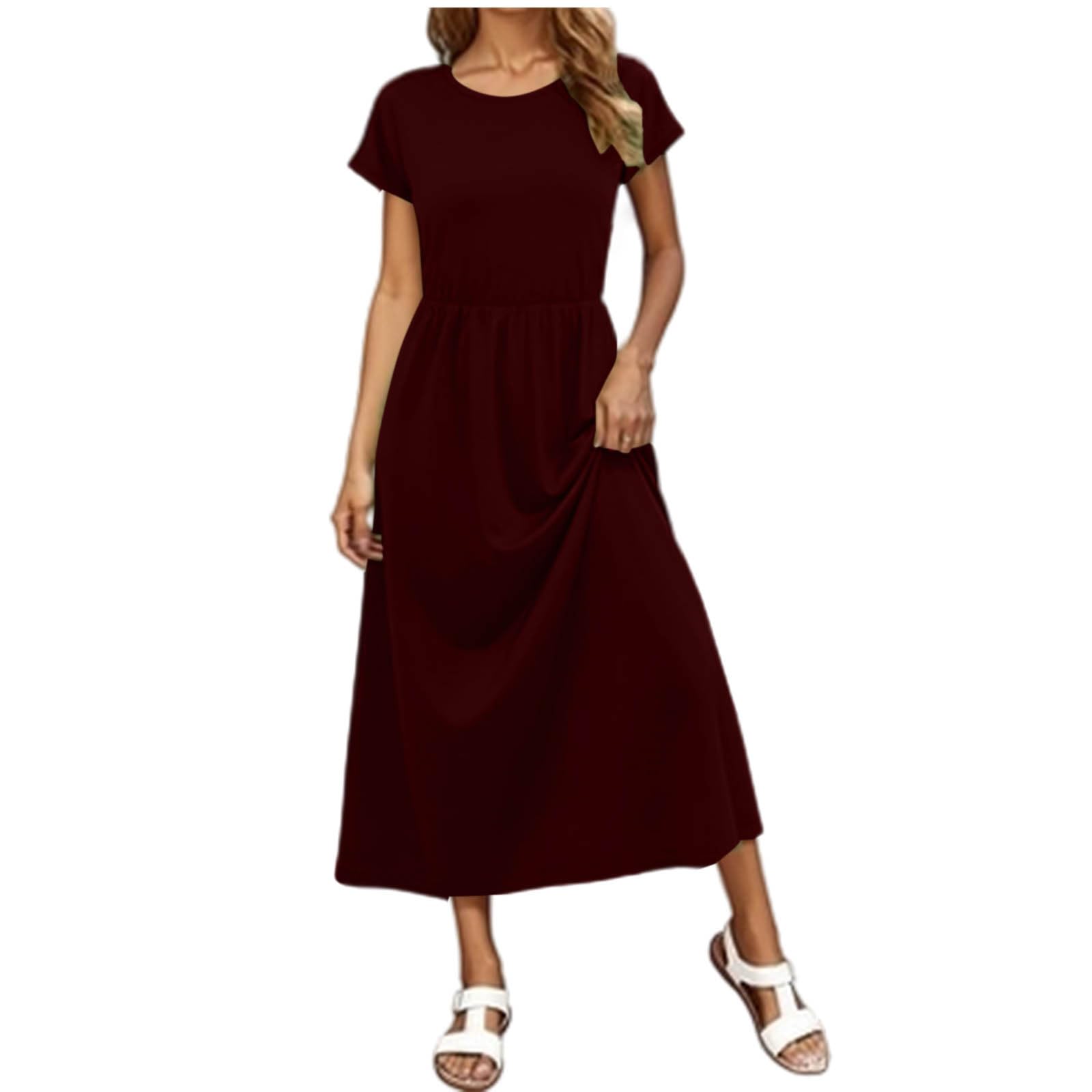 

Women s Fashion Casual Short Sleeve Round Neck Elastic Waist Draped Pocket Dress XXL винный