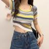 Letnia moda damska w kolorowe paski, dzianinowy krótki top, luźny T-shirt Y2k
