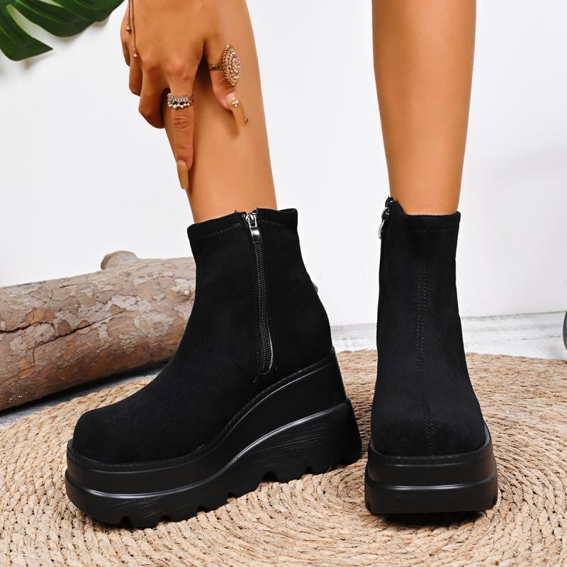Suede Wedge Heel Ankle Boots Autumn Square Toe Chunky Platform Super High Heel Side Zip Boots Classic Solid Black Botas